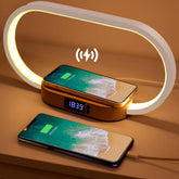 Donewin wooden bedside lamp with wireless charger powers devices at night.