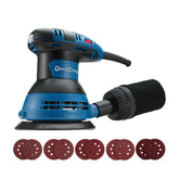 Dong Cheng 5-Inch random orbital sander top view showing compact, precise wood finishing capability