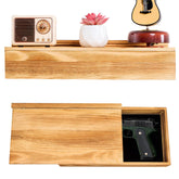 Dononr hidden gun storage shelf front view shows discreet concealment and oak finish.