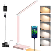 Dott Arts LED desk lamp pink front view highlighting easy touch dimming and color modes.