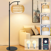 DRAWNCAT Boho Rattan Floor Lamp base emphasizes stable support for busy rooms.