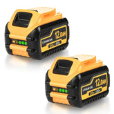 DrFlito 12Ah high-capacity battery pack front view, ready to power DeWalt tools.