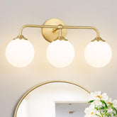DSMJFU modern brushed gold 3-light vanity with milky glass shades for refined bathrooms.