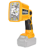 DTEZTECH LED flashlight demonstrates compatibility with Dewalt 20V Max batteries for cordless work