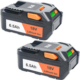 DTK RIDGID 18V 6500mAh battery front view showing high capacity for longer runtime