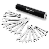 DURATECH open-end wrench set with rolling pouch for easy storage and on-the-go repairs.