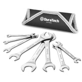 DURATECH super-thin open end wrench set with roll pouch for portable storage.