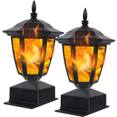 Dynaming solar flame post light front view glows softly for garden ambiance