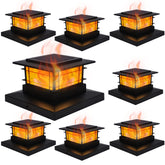 Dynaming solar post cap light with flickering flame illuminates wooden posts at dusk.