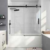 EASYWORC frameless tub door with adjustable width bar for 55–60 inch openings.