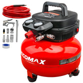 ECOMAX air compressor front view showing portable 6-gallon tank for easy transport