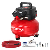 ECOMAX 6-gallon pancake compressor top view showing compact design for space-saving workshops