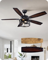 EDISHINE 52-inch farmhouse ceiling fan with lights in rustic living room for year-round comfort.