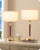 EDISHINE mid-century table lamp with bronze base and pull chain for living room ambiance