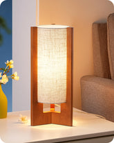 EDISHINE walnut wood cylinder base lamp shown on a nightstand, sturdy design.