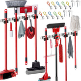 EFFEKTIVTOOLS 2-pack mop and broom holder mounted on wall with stainless steel clamps.