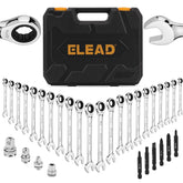 ELEAD 33-piece wrench set neatly organized in a portable case for quick vehicle fixes.