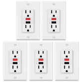 ELECTECK GFCI outlet front view with green LED indicator showing power status.