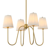 Electro bp 27-inch chandelier with white pleated shades enhances dining ambiance.