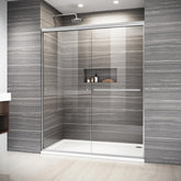 ELEGANT sliding shower door with brushed-nickel frame for a modern bathroom upgrade.