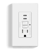 ELEGRP GFCI outlet with USB ports front view highlighting compact design for tight spaces.