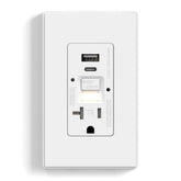 ELEGRP GFCI outlet with USB ports and nightlight, matte white, ideal for kitchen charging.