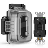 ELEGRP outdoor GFCI outlet with in-use cover shown for weather-ready outdoor use.