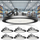 ELEKICO UFO high bay light installed in a garage, delivering bright, even illumination for projects.