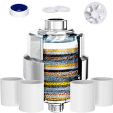EMBATHER shower filter 20-stage inside view shows layered filtration media for thorough cleansing.