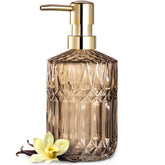 EMPO clear glass soap dispenser with brown finish and ABS pump for kitchen or bathroom.
