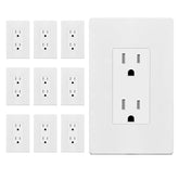 Enerlites white decorator receptacle with screwless wall plate, front view, highlights sleek finish