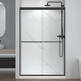 ENSO SENKA bypass shower door close-up of tempered glass with water-repellent coating.