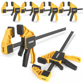 EQUIPTZ 6-pack bar clamps in a woodworking setup—strong hold for precise glue-ups.