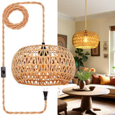 Eququorva hanging light with rattan shade casting warm ambience in living spaces.