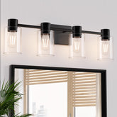 Esfos 4-light vanity fixture in matte black for a contemporary bathroom look.