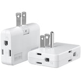 ETwinCoo swivel adapter front view with versatile two-prong and three-prong outlets for flexible wall placement.