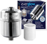 EVERGLOW high-output shower filter front view with chrome finish and chlorine reduction.