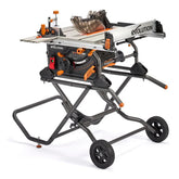 Evolution R10TBLX full table saw on a portable stand, ideal for job-site setup.