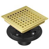 EXF 6-inch brushed-gold square grid drain showing the modern finish and grid grate