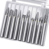 Eyech 10pc tungsten carbide burr set shown with 1-4 shank for versatile carving