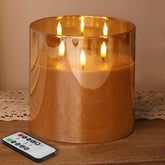 Eywamage amber glass 3-wick candle offers warm, realistic glow without flame.