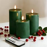 Eywamage green flameless pillar 3x4 with realistic glow for cozy ambiance.