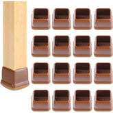 Ezprotekt square chair leg protector close-up brown felt cushions prevent scratches on hardwood floors.