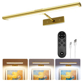 EZVALO picture light with gold finish illuminating a painting to reveal true colors.