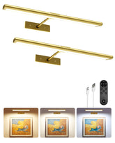 EZVALO picture light on gold wall, front view highlighting warm art illumination
