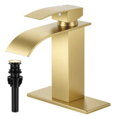 FDKW Brushed Gold faucet with waterfall spout delivers a tranquil, splash-minimizing flow