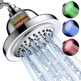 FEELSO filtered shower head with LED color changing lights for temperature awareness in the bath