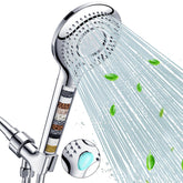 FEELSO filtered shower head close-up highlighting 15-stage filtration for cleaner water