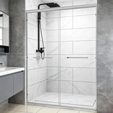 FERNSECY double-sliding shower door with flexible left or right opening for compact bathrooms.