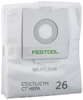 Festool CT 26 self-clean filter bag interior view shows tear-resistant material and dust containment.